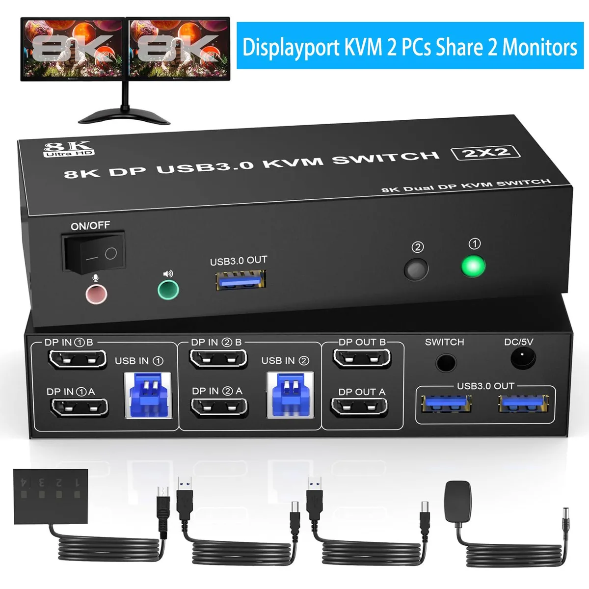 IHDAPP IHDAPP 8K 60Hz DP 1.4 KVM Switch 2 Monitors 2 Computers 3 USB 3.0 Ports Wired Remote — product photo