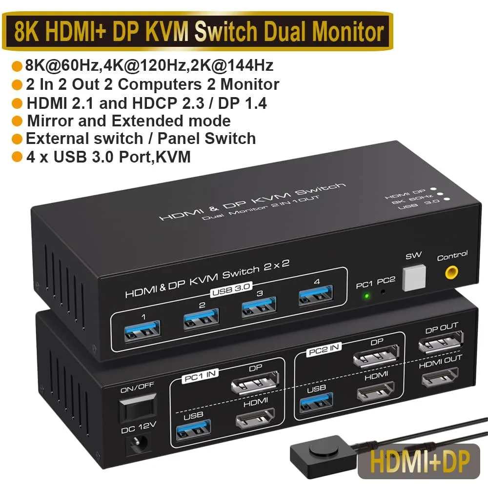 ESTONE ESTONE SW222-1DP1HD 2-Port Dual Monitor KVM Switch 8K 60Hz 4K 120Hz USB 3.0 — product photo