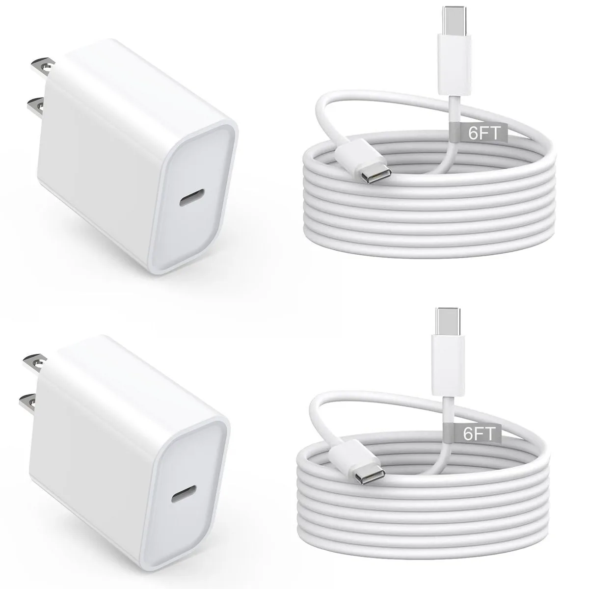 Two white USB-C wall chargers and two matching six-foot cables