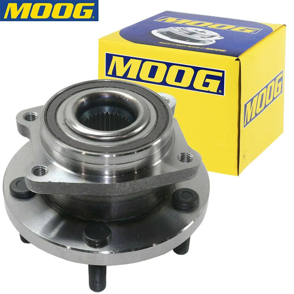 Black metal wheel hub assembly with five studs and ABS sensor ring