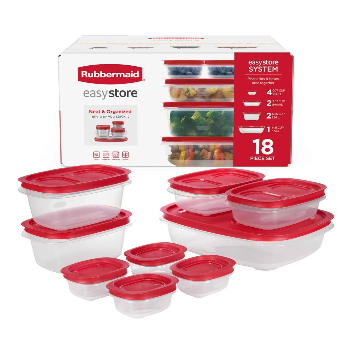 Clear plastic food storage containers with red lids stacked together