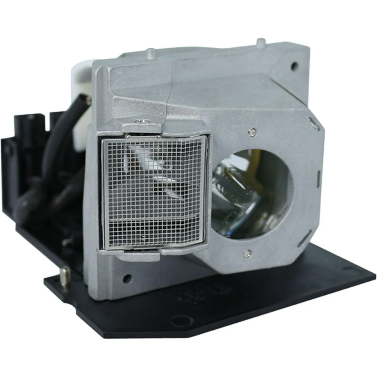 Rectangular projector lamp module in black plastic housing with glass bulb visible
