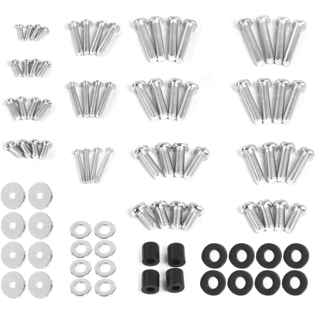 A clear plastic box filled with labeled bolts, washers and spacers in multiple lengths