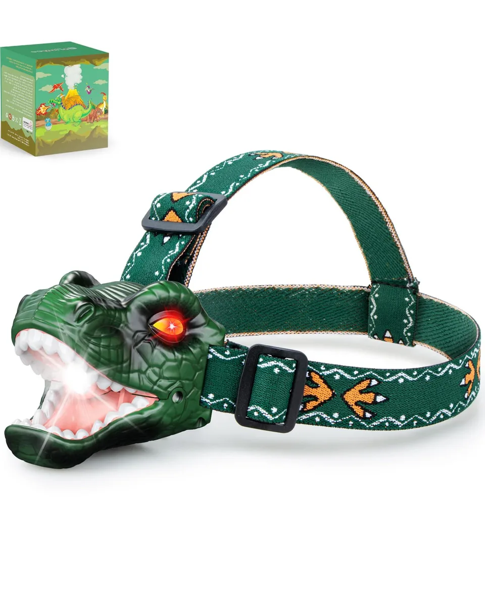T-Rex shaped headlamp with adjustable headband and chin button
