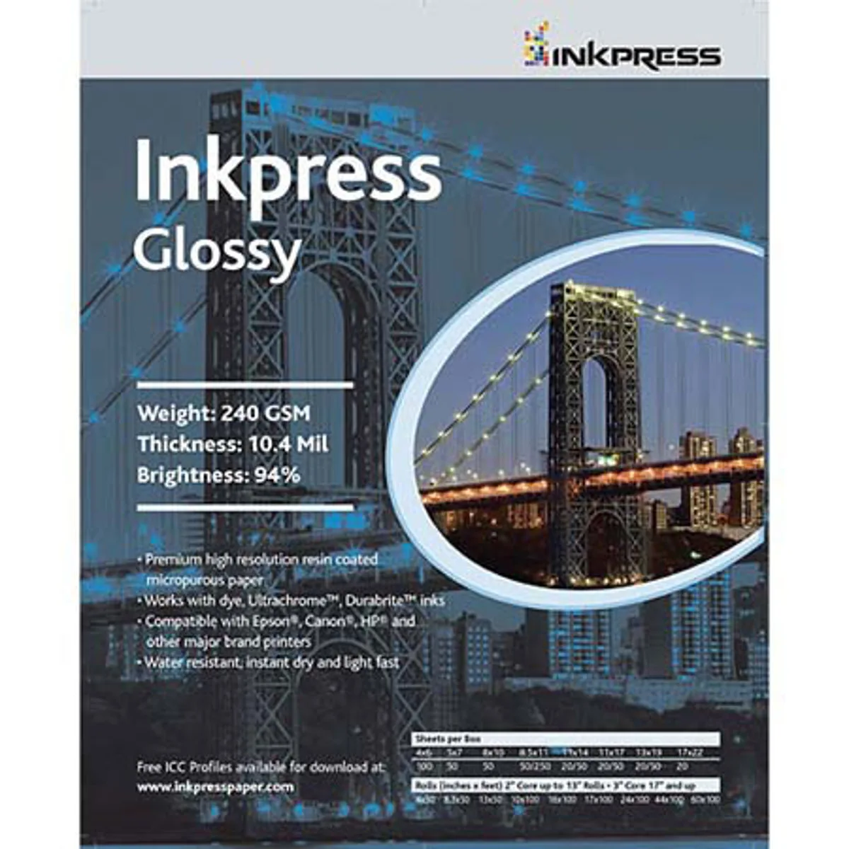 Inkpress Inkpress Glossy Single Sided Inkjet Paper 240gsm 10.4 mil 11x14 100 Sheets — product photo