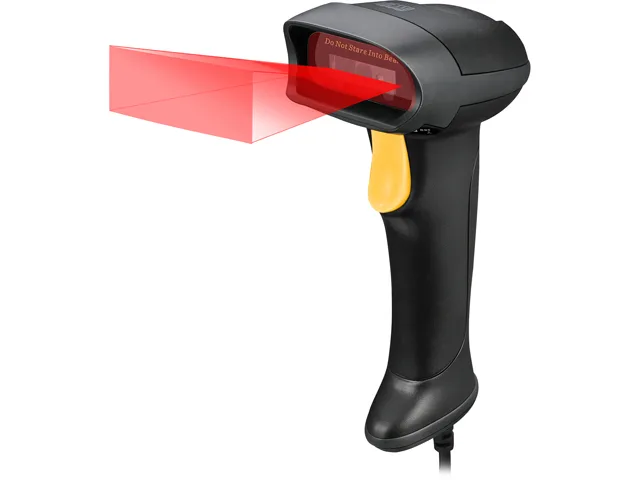 Black handheld barcode scanner with corded USB connection, medical-grade spill-resistant design, 2.70" x 3.70" x 6.75" dimensions