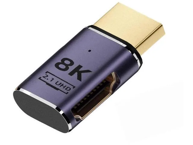 Flat horizontal right-angle HDMI 2.1 adapter male to female 90 degree low profile gold contacts