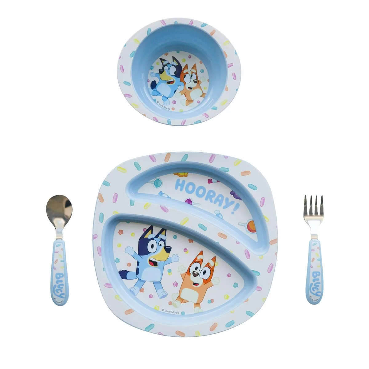 A four-piece toddler dinnerware set with a square divided plate, round bowl