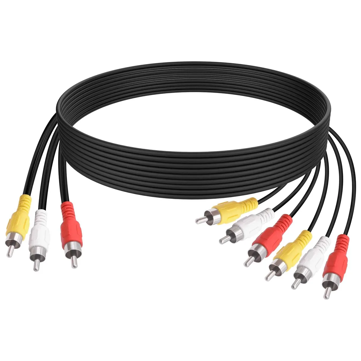 Black 4.9 ft RCA splitter cable with three male plugs branching to six male plugs colour coded red white yellow