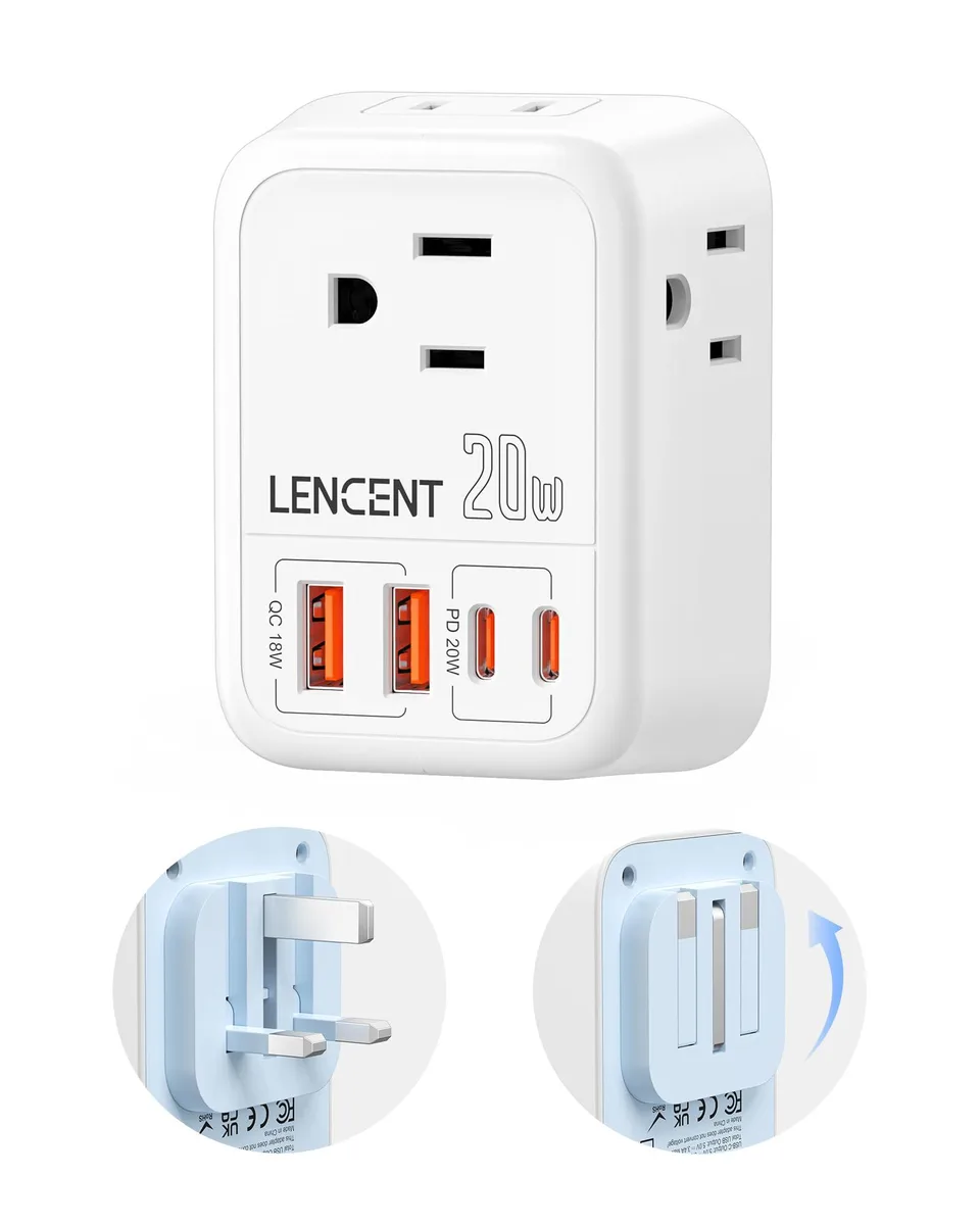 White foldable US-to-UK travel adapter with four AC outlets and four USB ports