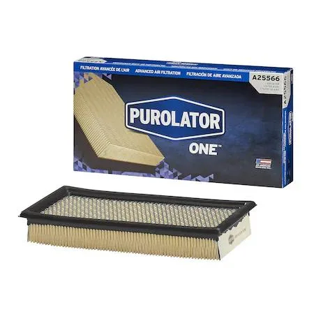 Rectangular white PurolatorONE air filter with pleated media and orange frame