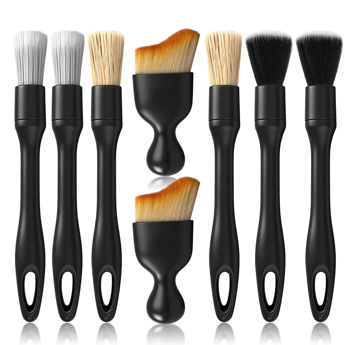 Set of eight car detailing brushes with soft bristles and ergonomic handles