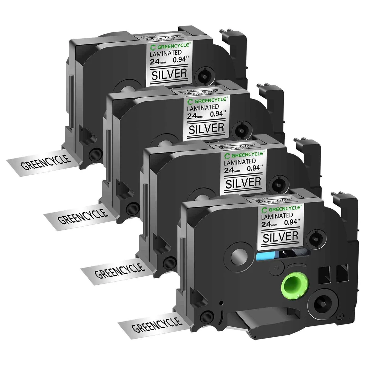 GREENCYCLE GREENCYCLE TZe-951 24mm Black on Silver Laminated Label Tape 4 Pack — product photo