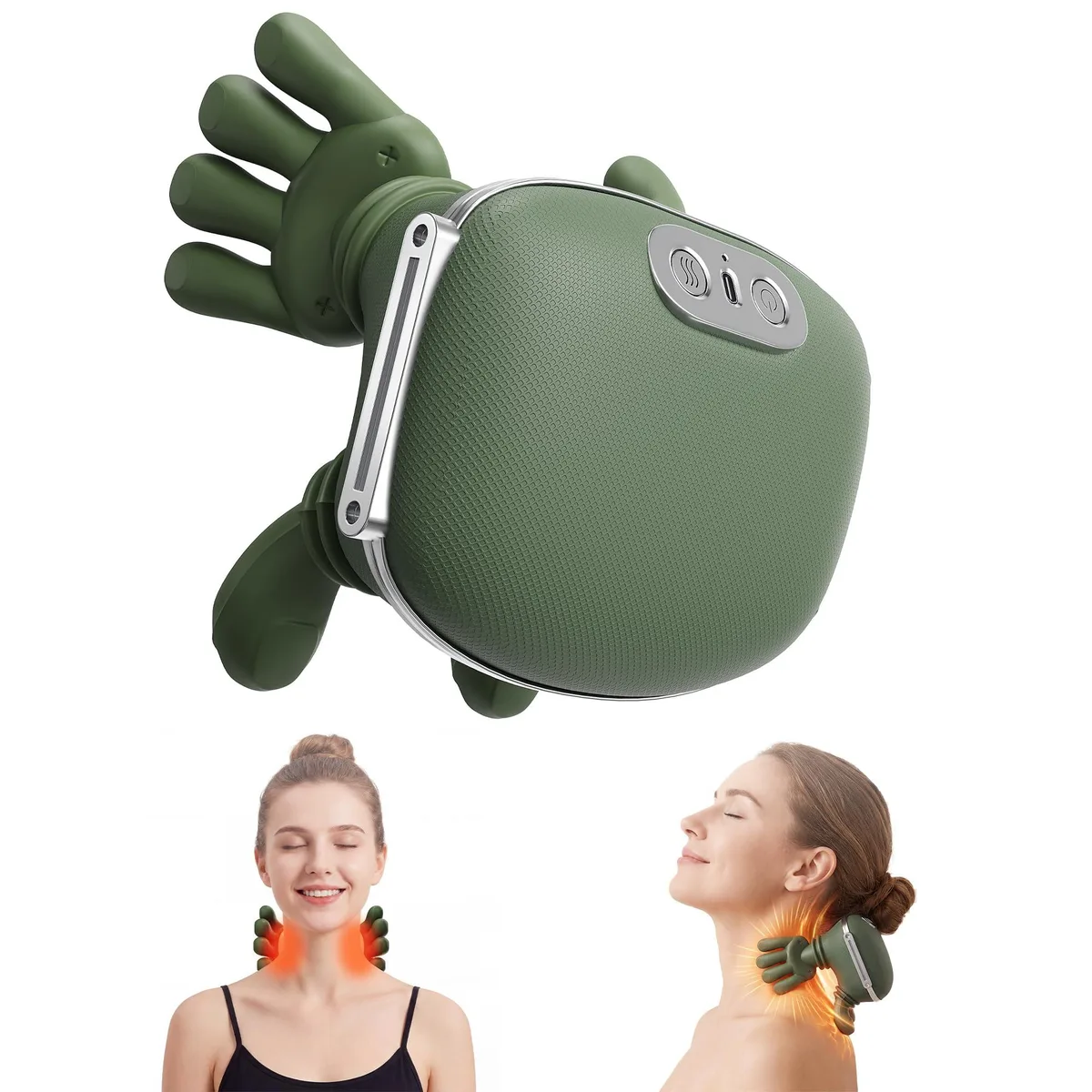 Blue U-shaped neck massager with fabric finish and shoulder strap