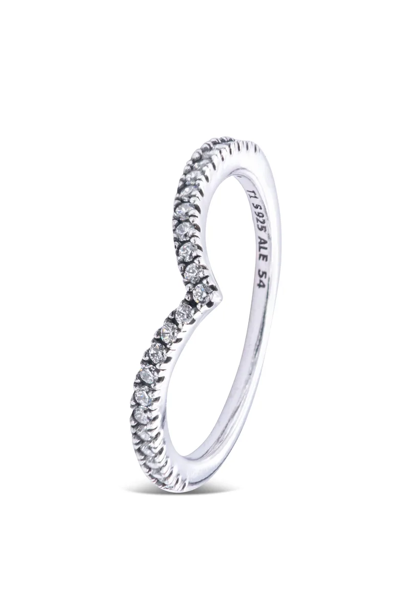Slim V-shaped sterling silver ring size 54 with a line of shimmering stones