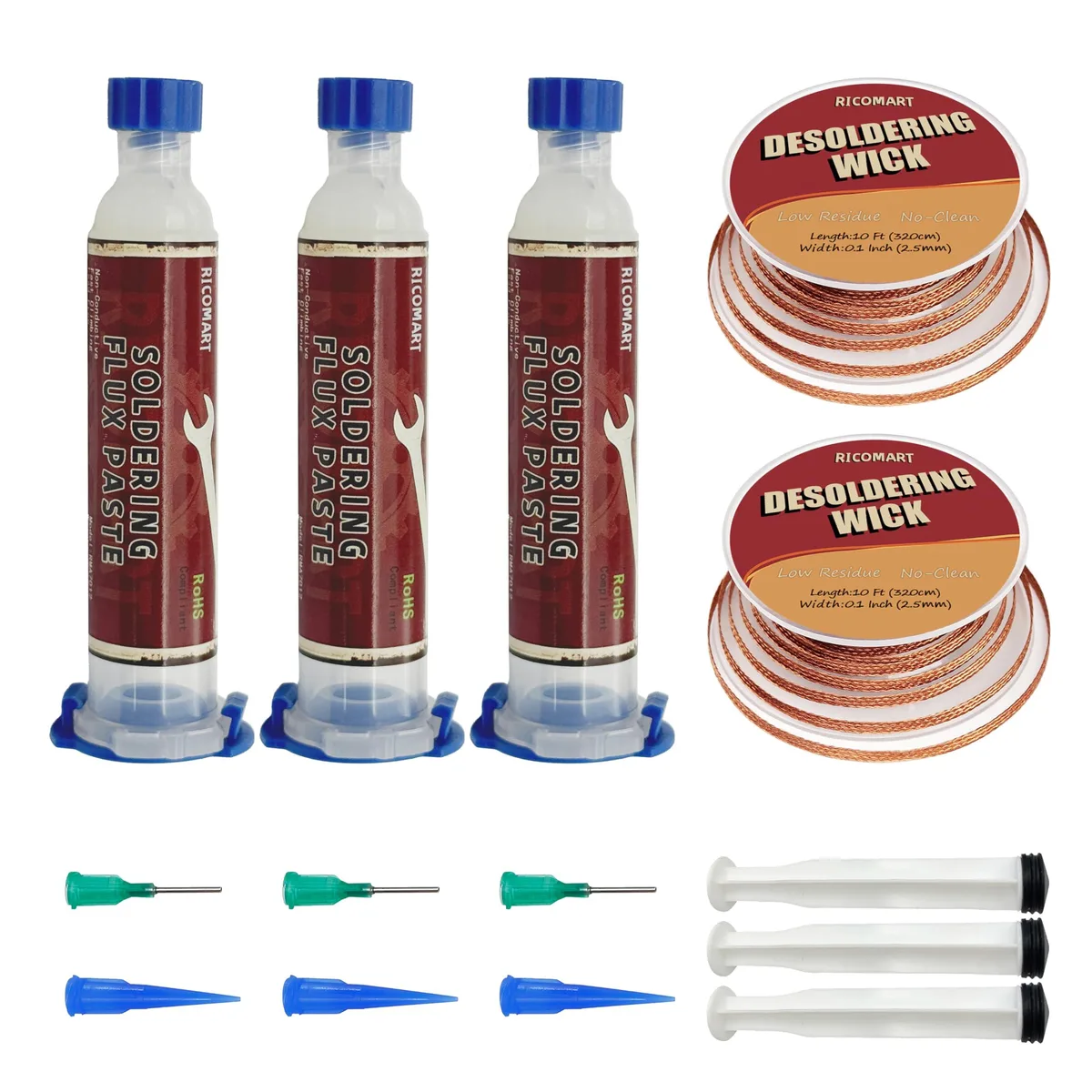  RICOMART No Clean Soldering Flux &amp; Desolder Wick Kit 10cc 10Ft .1 — product photo