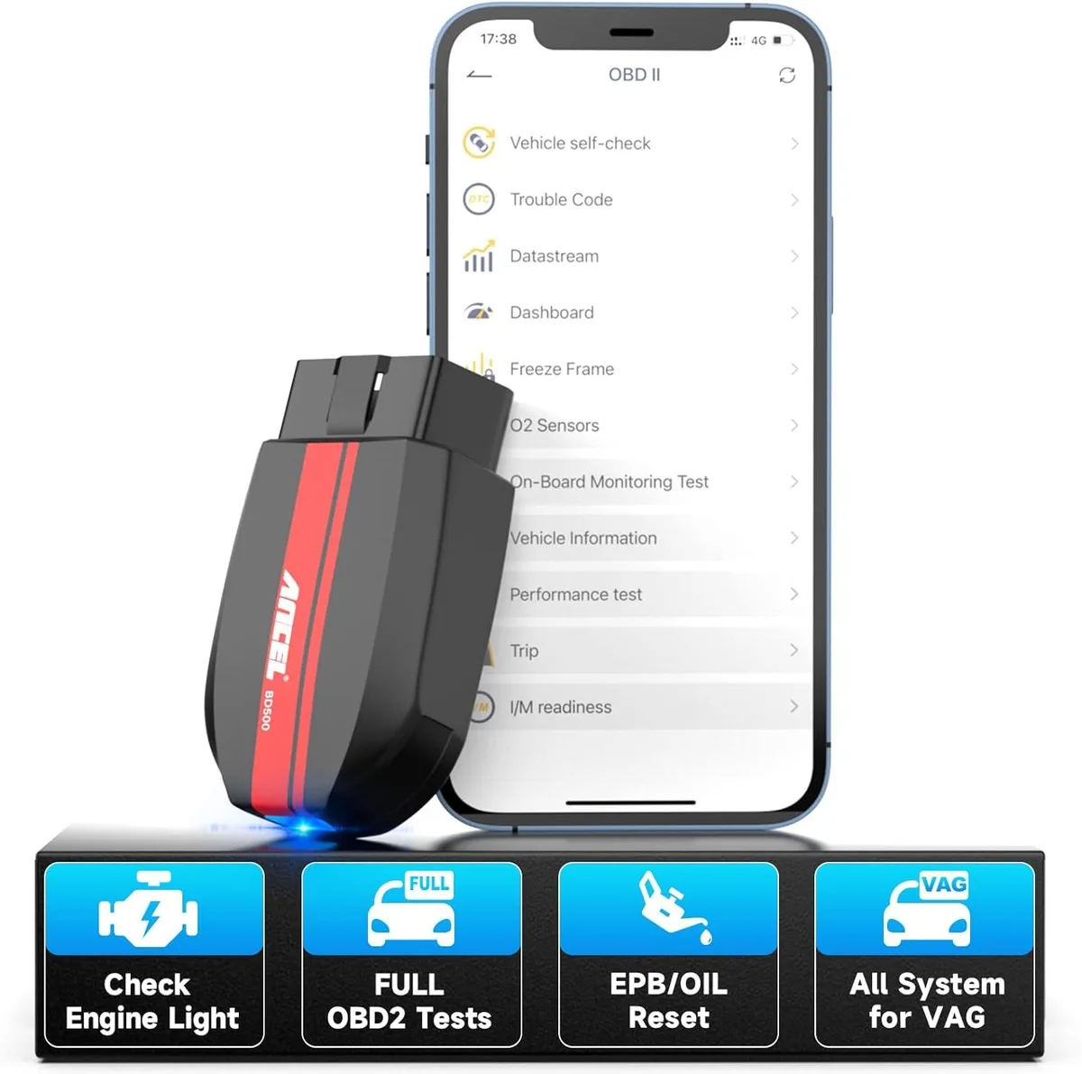 Handheld diagnostic scanner with 2.8 inch colour screen and 16-pin OBDII cable