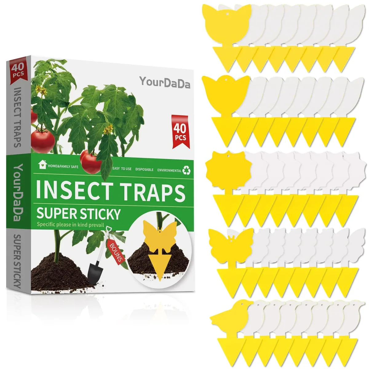 Forty yellow sticky traps in five decorative shapes with small shovel