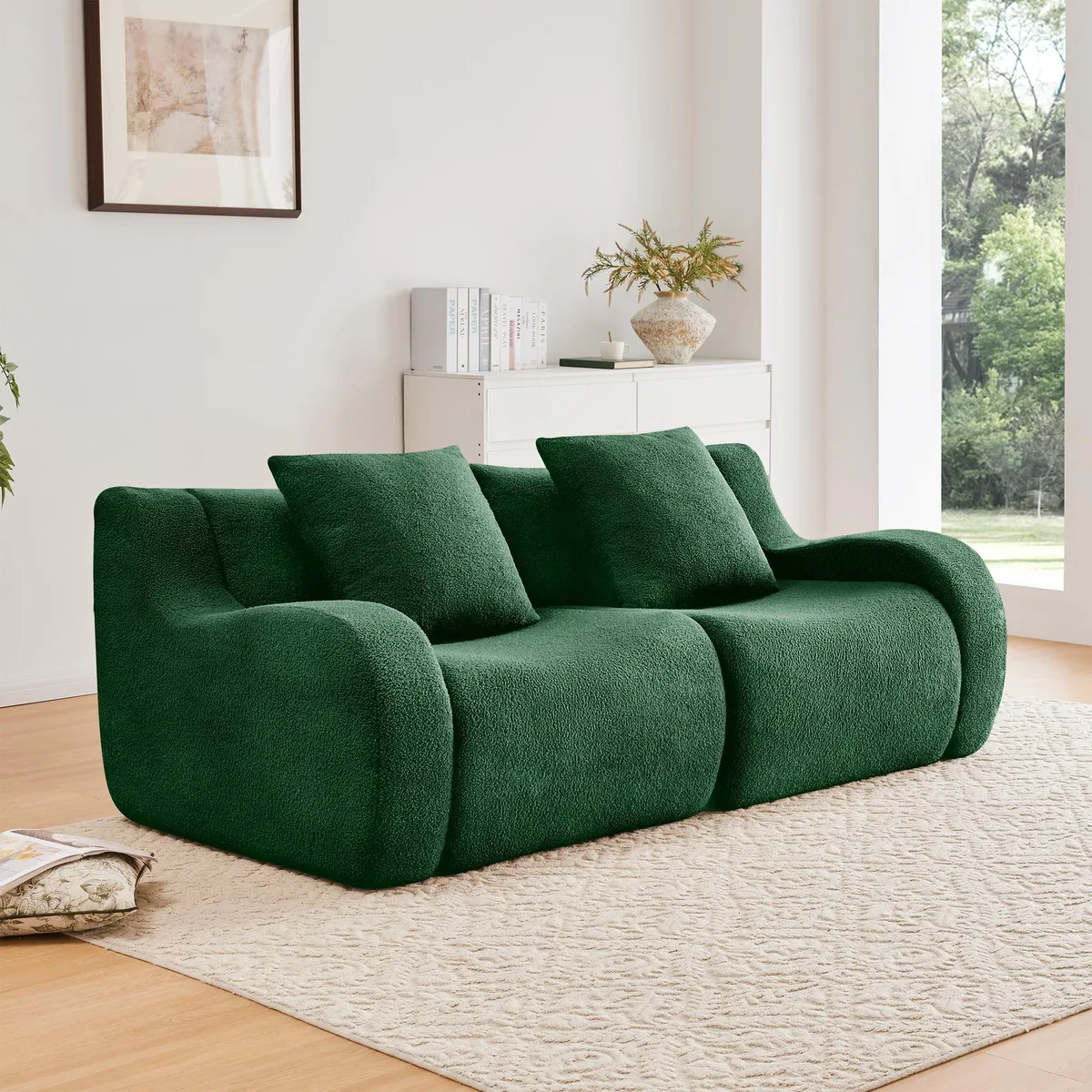 Green teddy fabric modular sofa with curved armrests and non-slip base
