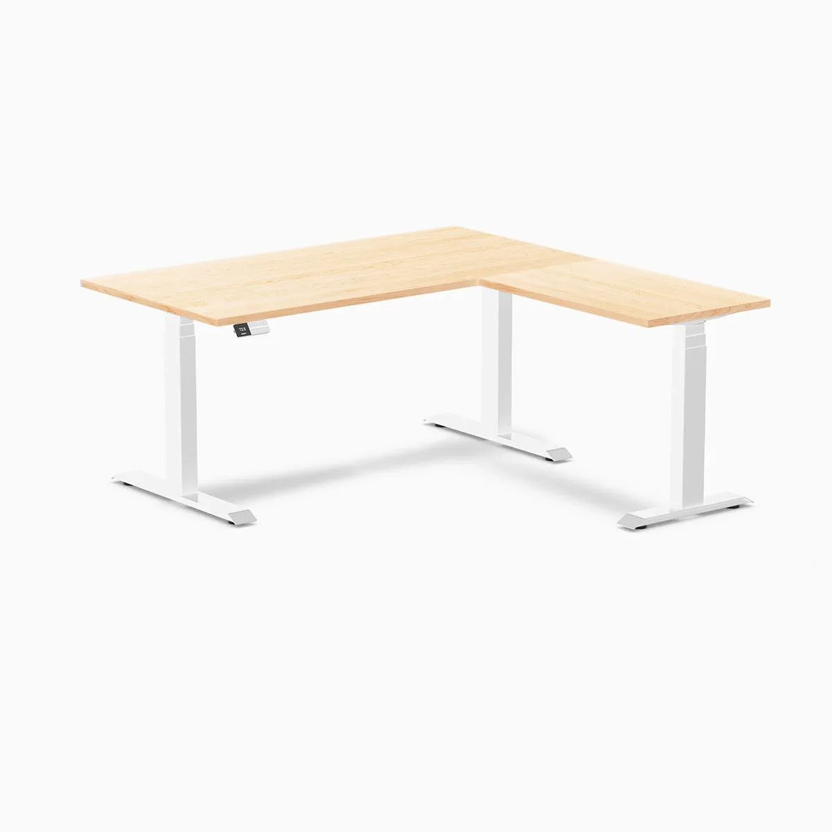 Desky Desky Hardwood L-Shape Sit Stand Desk Maple 60 x 30 x 62 x 20 in White office furniture — product photo