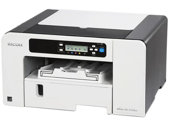 White rectangular office inkjet printer with front paper tray and output slot