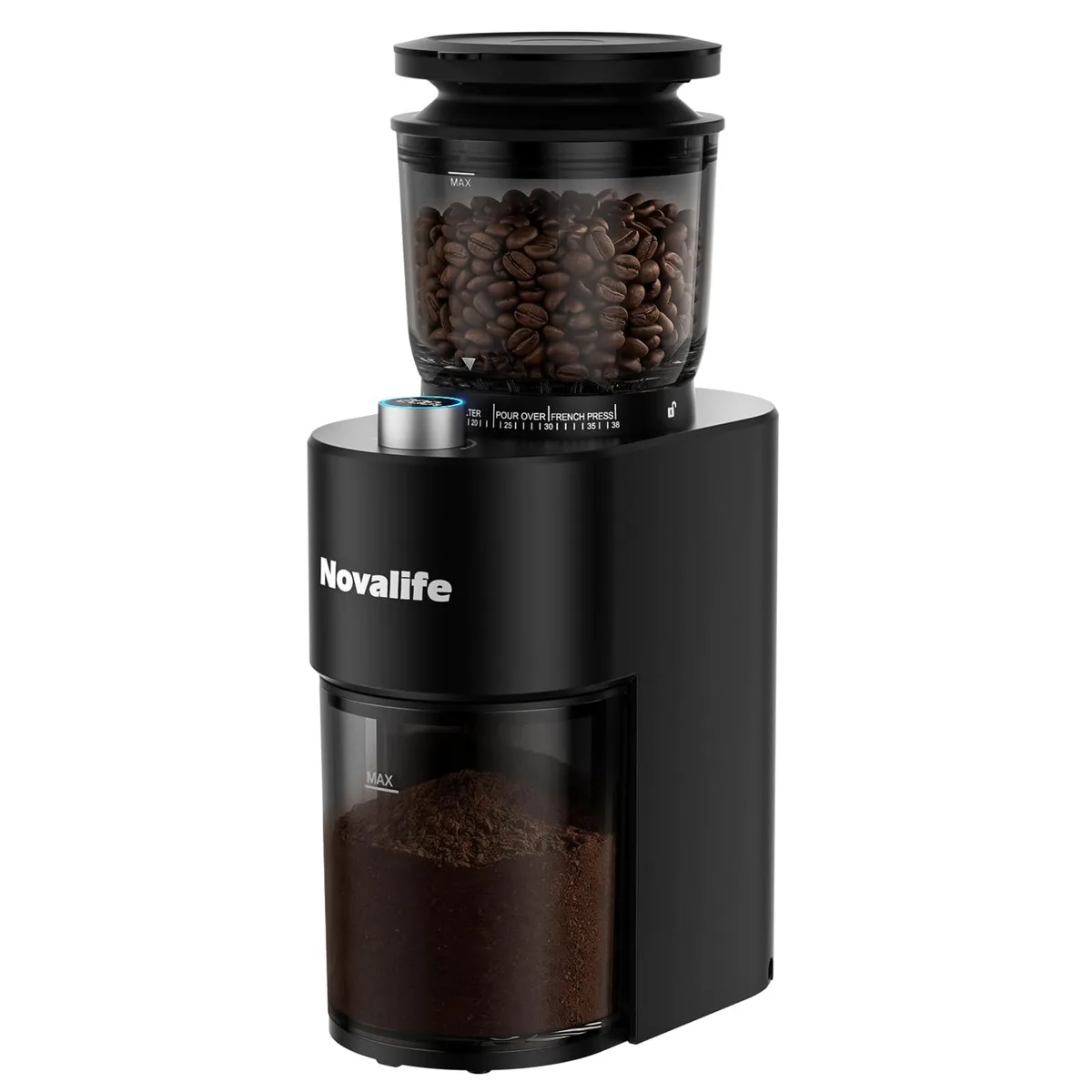 Silver conical burr coffee grinder, 38 settings, 200W