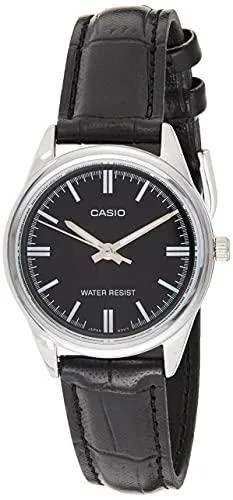 Black analog watch with leather strap on white background