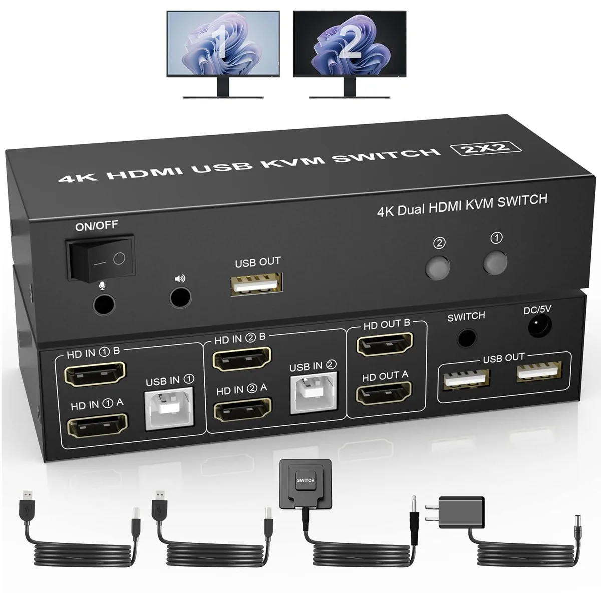 FOCUSTEC FOCUSTEC 2-Port HDMI KVM Switch Dual Monitor 4K@60Hz 3 USB 2.0 Audio — product photo