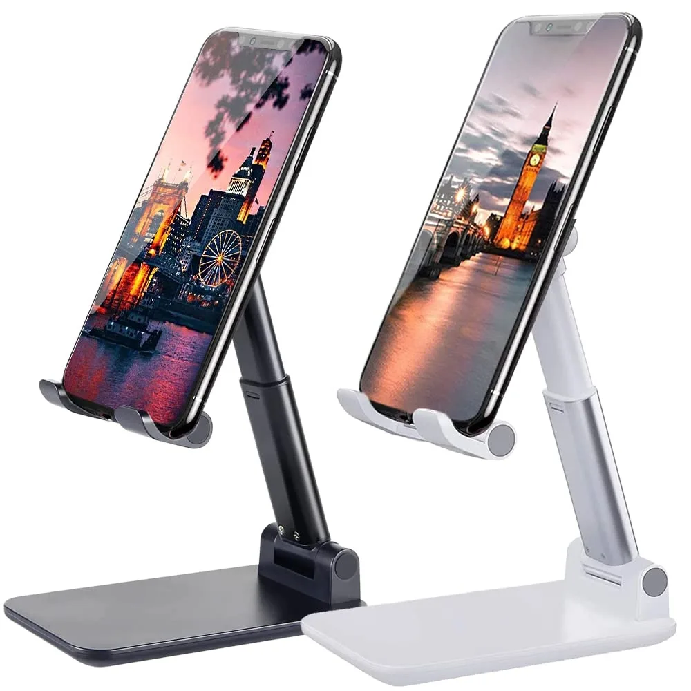 Two foldable phone stands, one black and one white, with adjustable height and angle, silicone pads