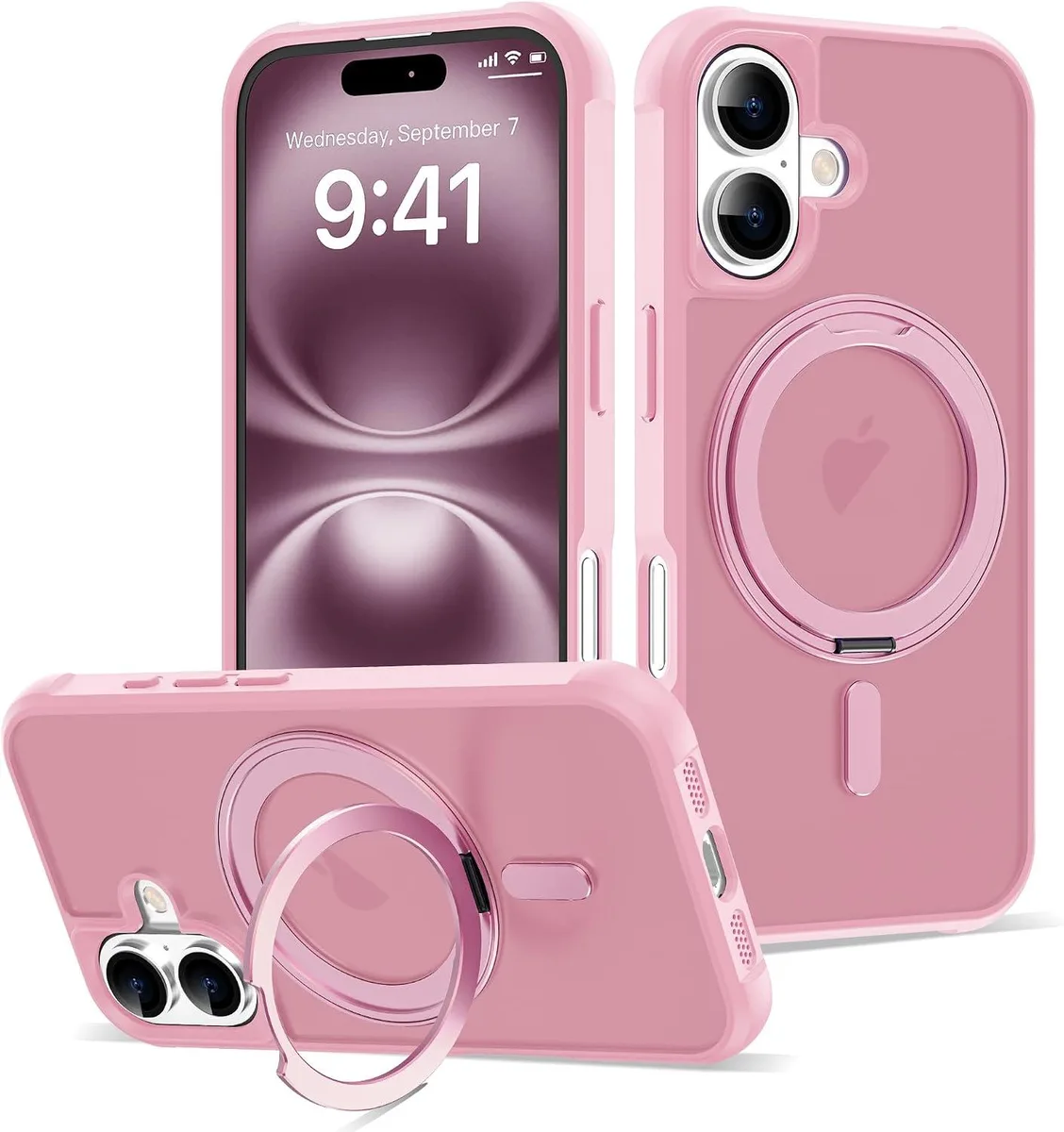 Translucent matte pink iPhone 16 case with 360° magnetic ring stand