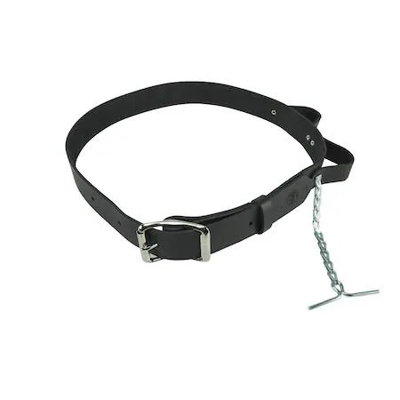 Black leather tool belt with metal loops and chain thong, fits 38 to 46 inches