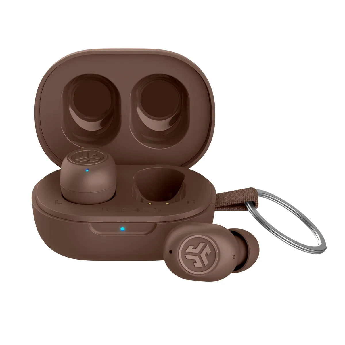 Tiny black true wireless earbuds with compact charging case