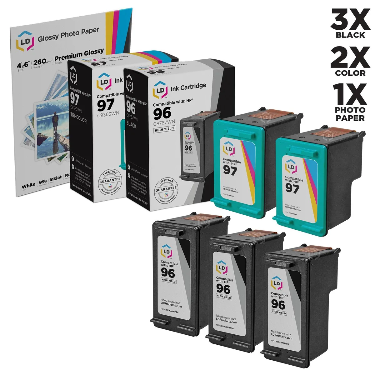 LD Products LD Products HP 96/97 Ink Cartridge 5-Pack 3 Black 2 Color + 20 Photo Paper — product photo
