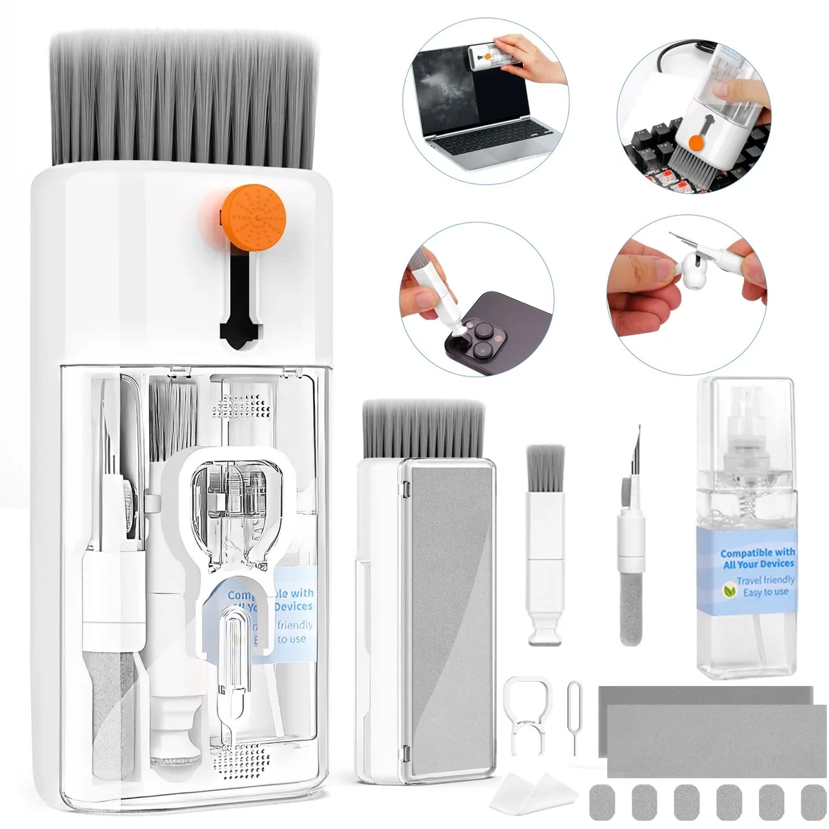 Compact rectangular cleaning kit with brushes, cloths and tools visible