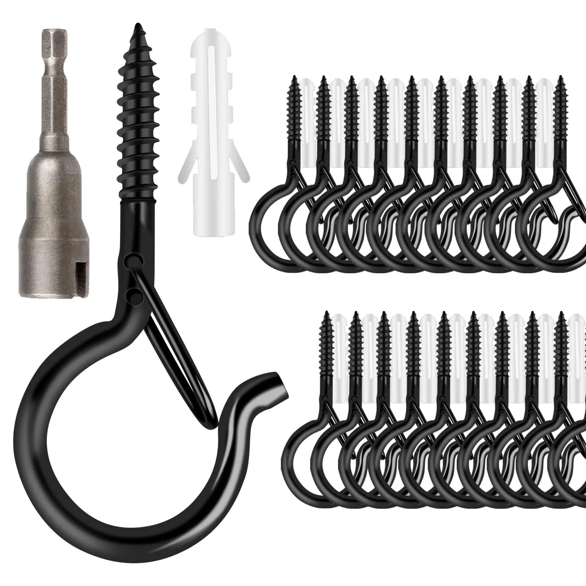 36 black Q-shaped steel hooks with safety buckles and plastic anchors