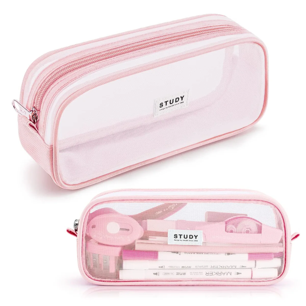Clear mesh pencil pouch with zipper, rectangular nylon bag in solid colour