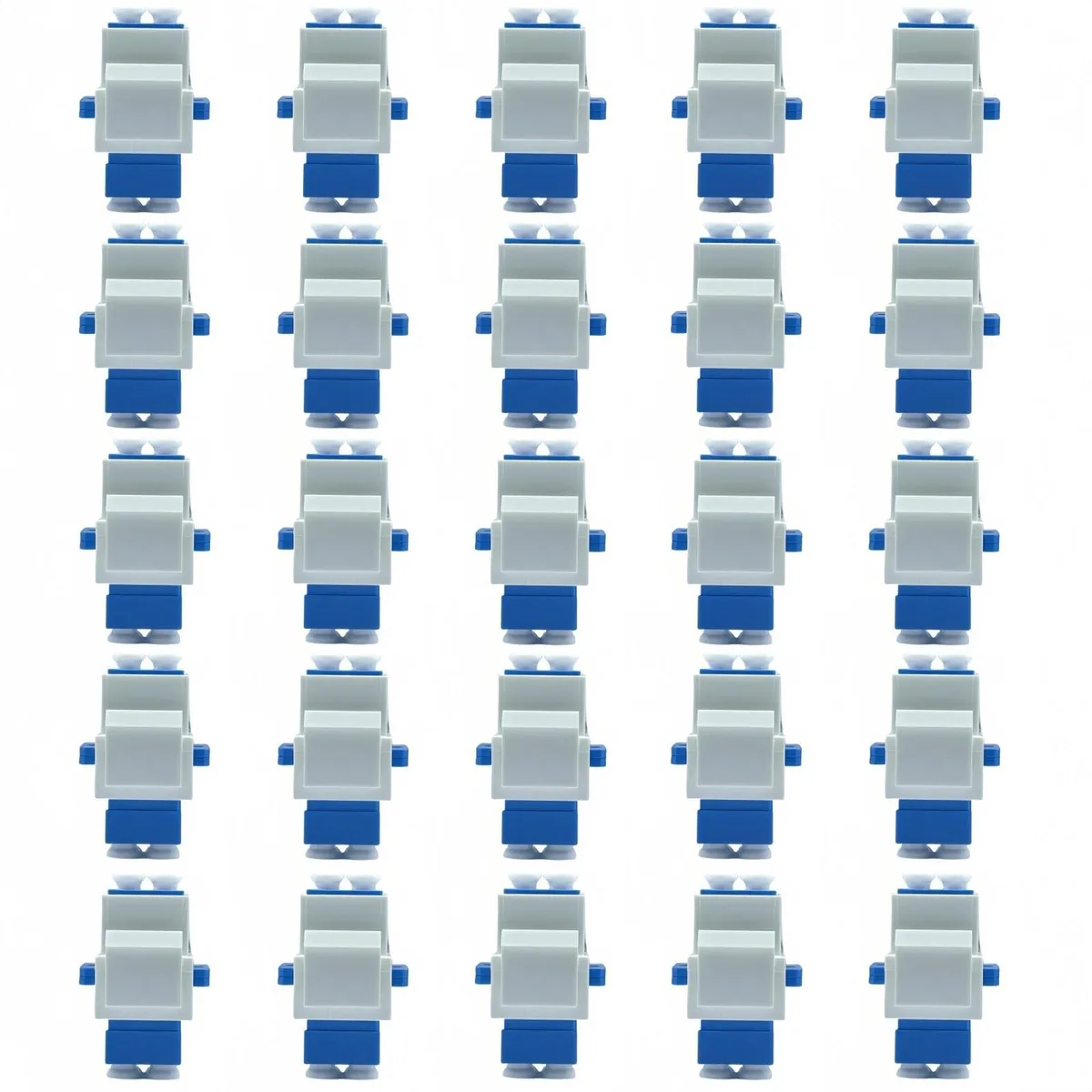 Twenty-five white keystone couplers with blue LC duplex ports