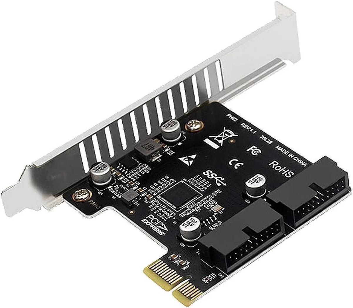 A green PCIe x1 card with two 19-pin headers and metal brackets
