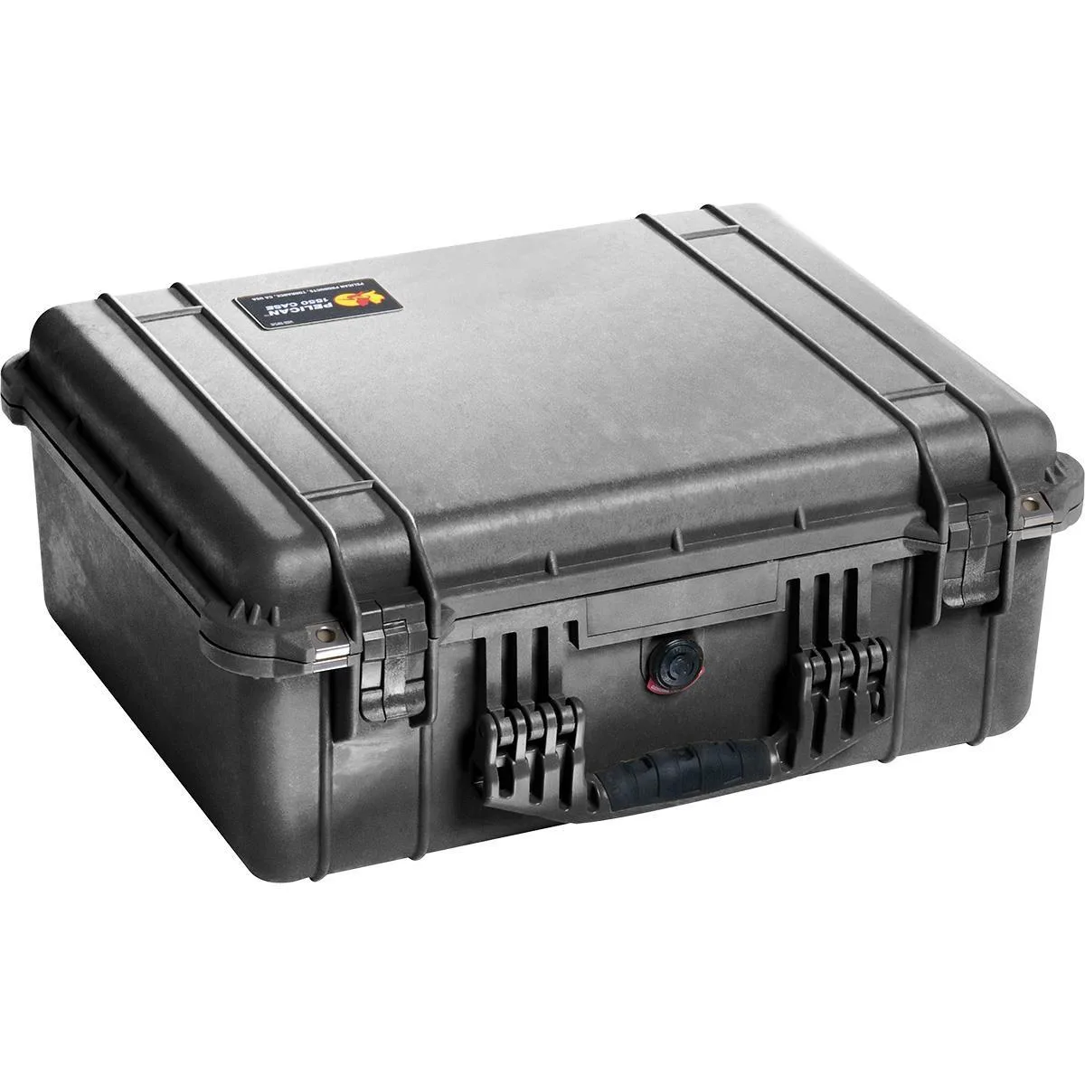 Black watertight hard case with wheels, retractable handle, TrekPak divider grid and rubber over-moulded handles