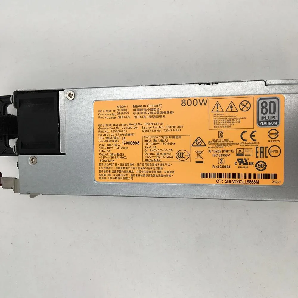 Rectangular metal ATX power supply unit with ventilation grille and label showing model DPS-800AB-11 A