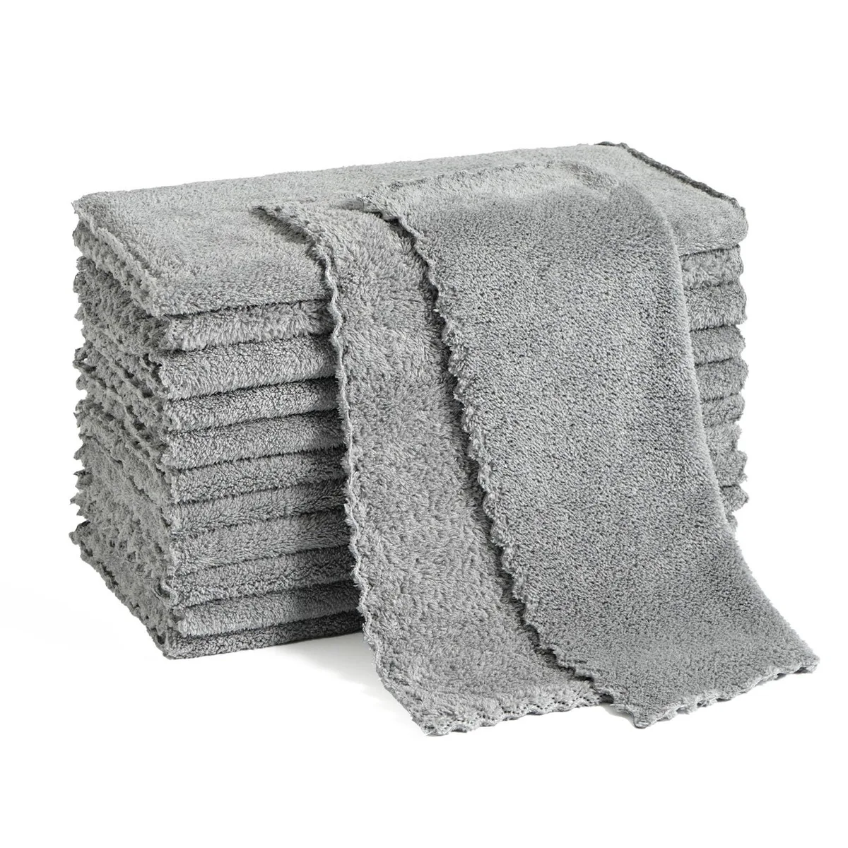 Stack of twelve square grey microfibre cloths each 11.8 inches wide