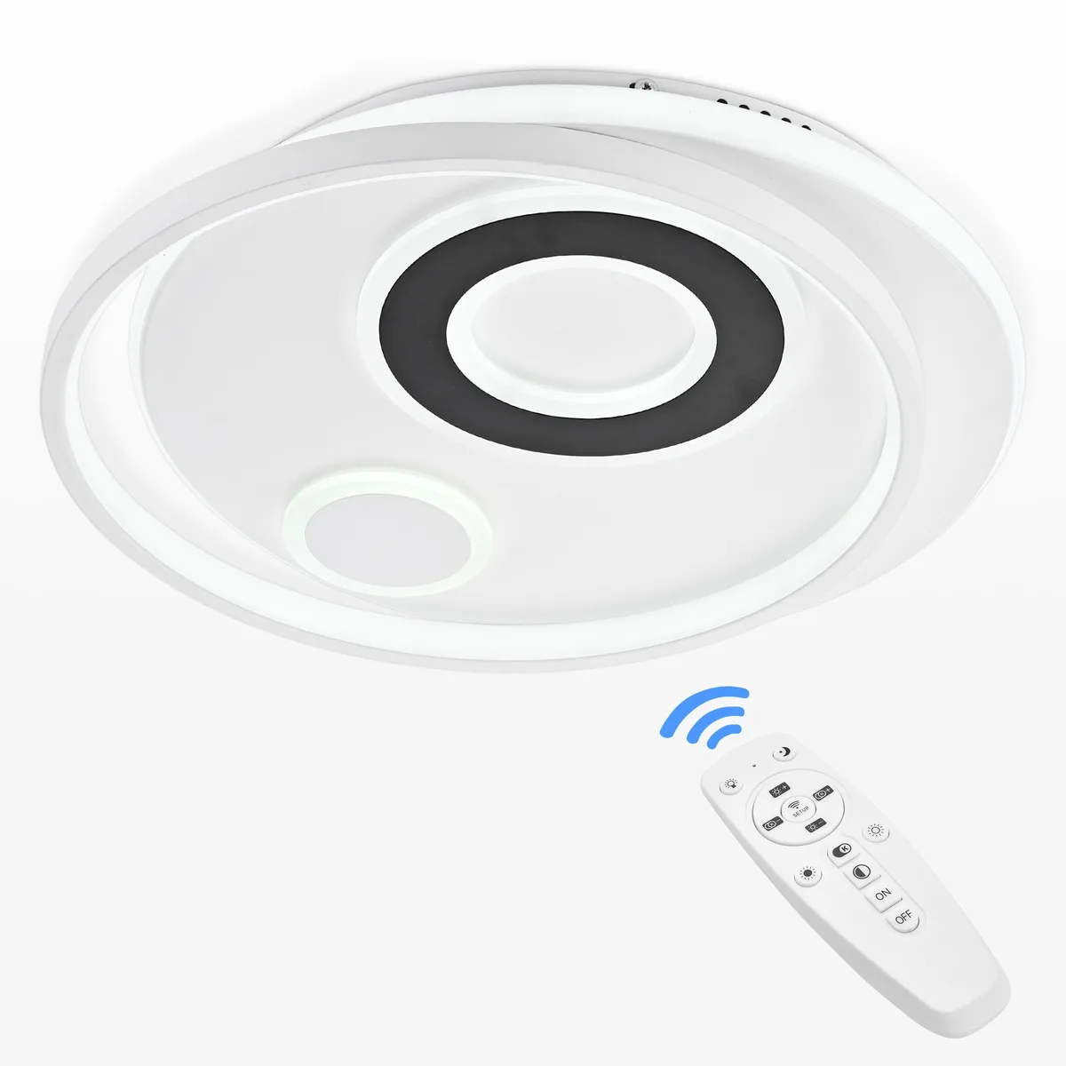 White acrylic four-ring LED flush mount ceiling light with remote
