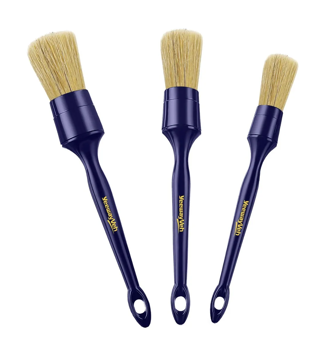 Three indigo boar-hair detailing brushes with ergonomic handles, sizes 8.5 8.9 9.25 inches