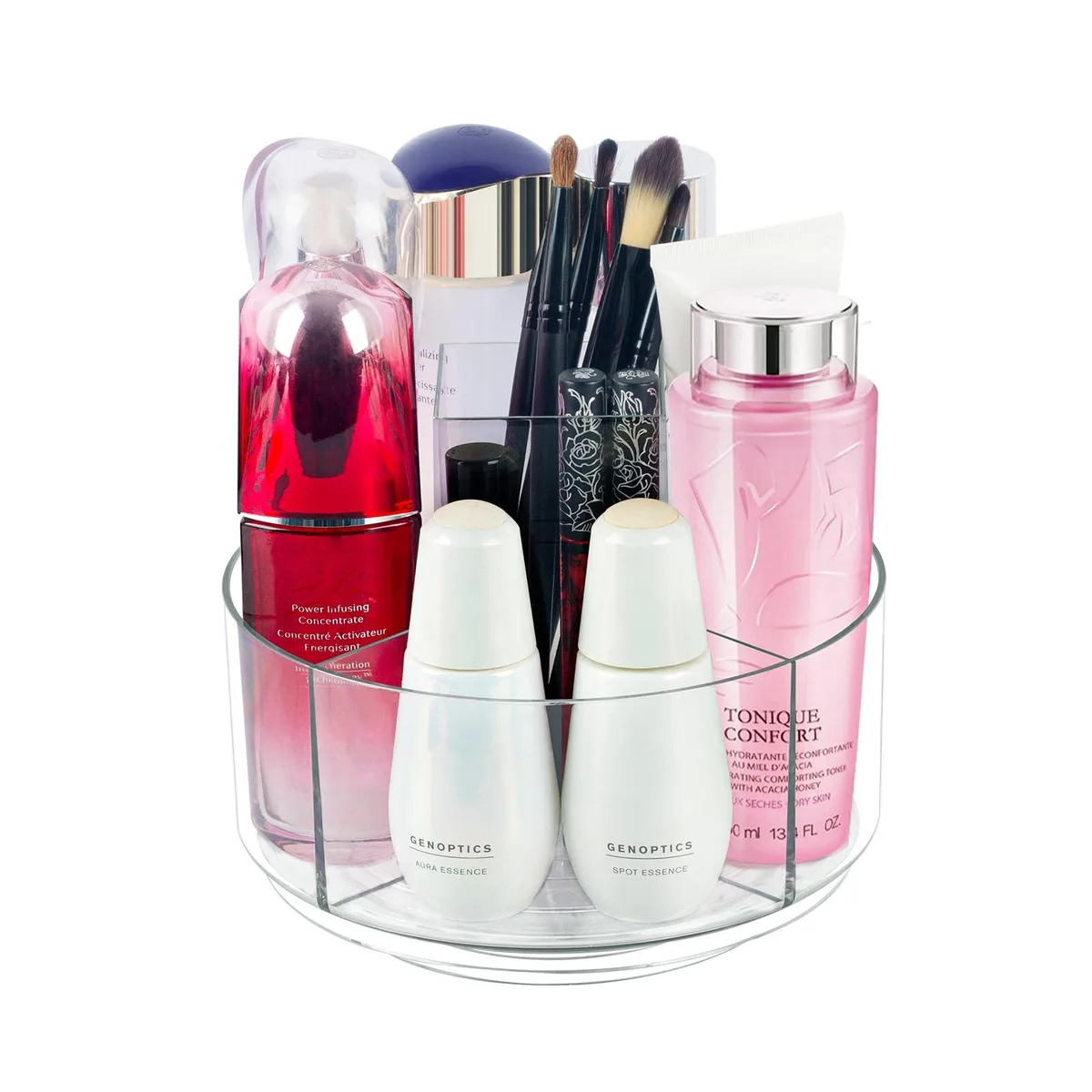 Clear rotating organiser with five compartments, black finish, 14.33in wide, 12.83in high