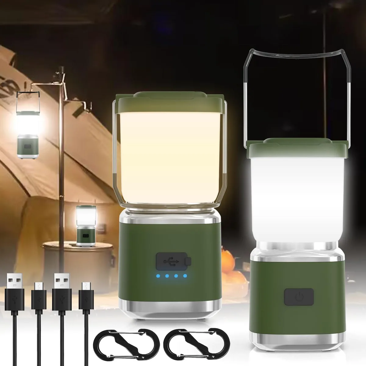 Black cylindrical lantern with translucent top and USB port
