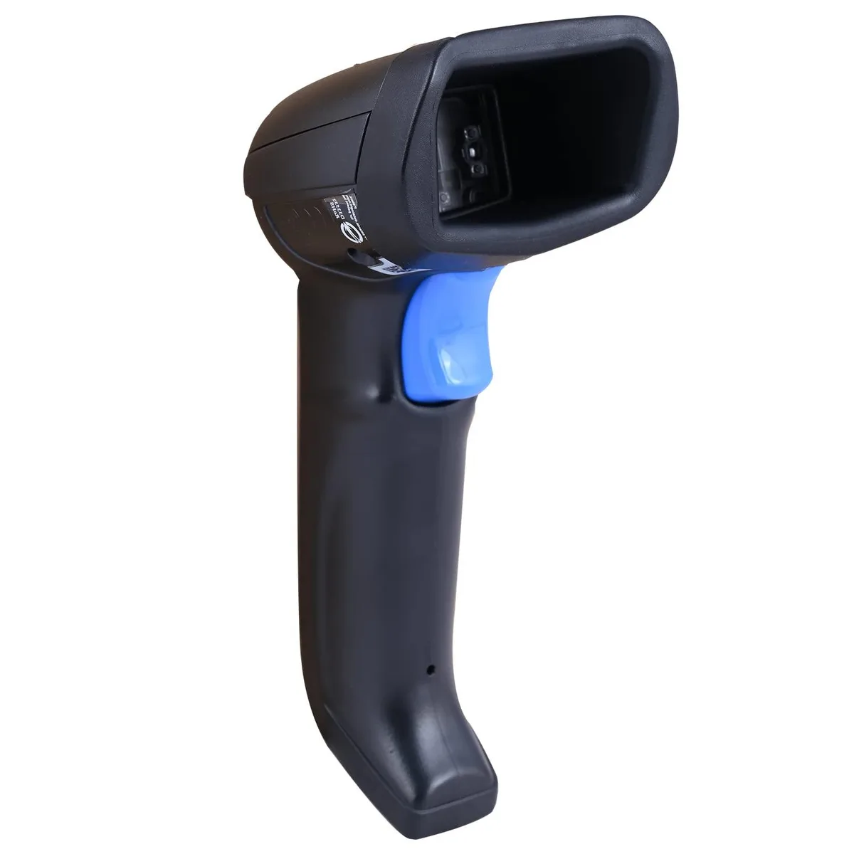 Black handheld 2D barcode scanner with USB cable attached