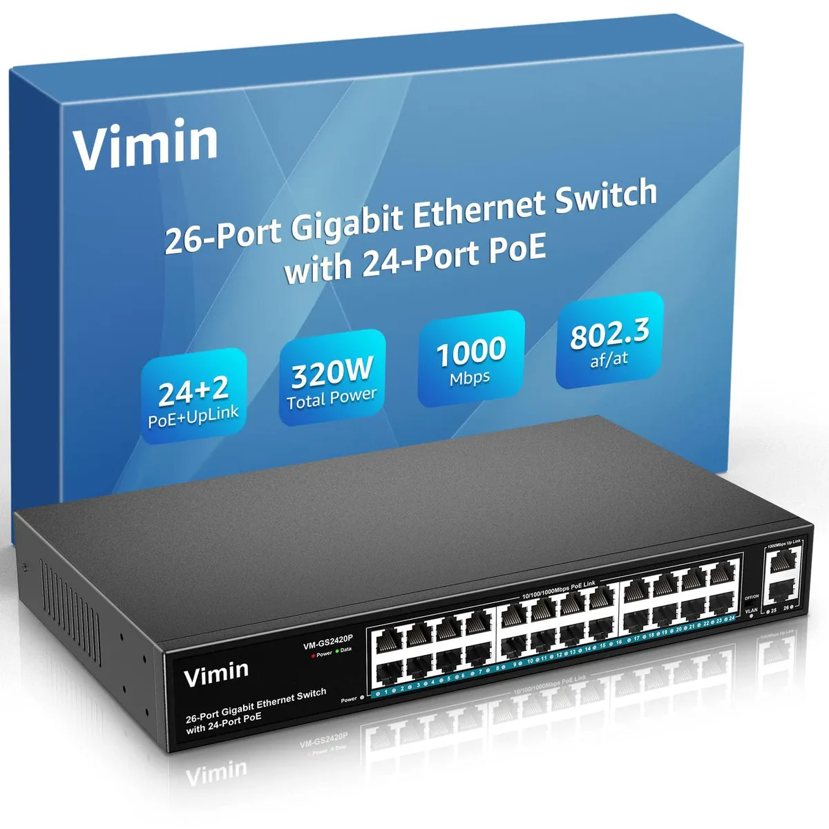 BFKK BFKK 26 Port Gigabit PoE+ Switch 24 PoE Ports 2 Uplink 320W Unmanaged VLAN Rackmount — product photo