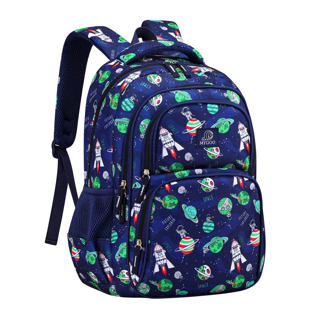 Navy polyester backpack with cartoon astro print, 17 inch laptop sleeve, 24L capacity