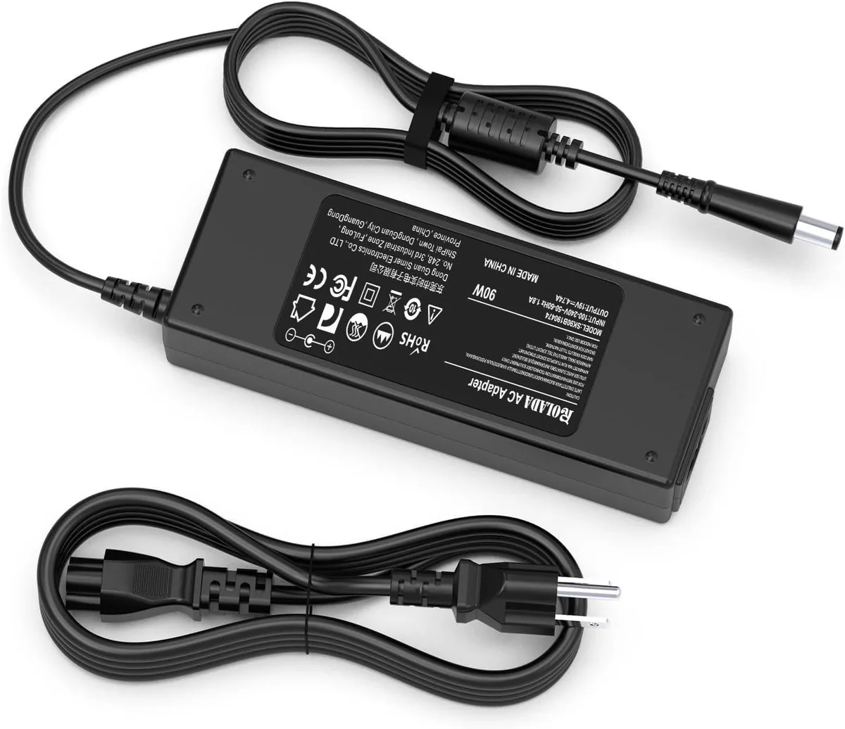 Black rectangular 90W AC adapter with 5.0mm by 7.4mm smart-pin tip and detachable power cord