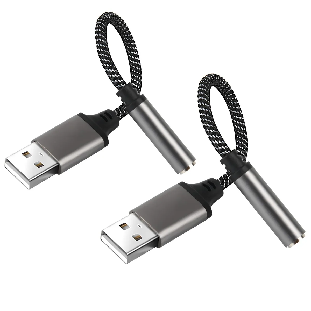 Two grey USB-A to 3.5mm audio adapters with nylon braided cables and aluminium shells, 15cm long